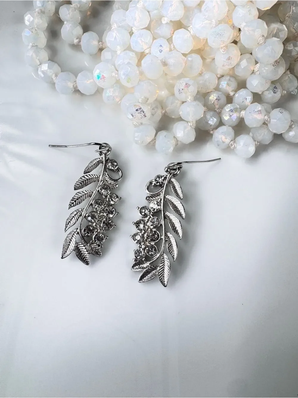 Zara Vintage Silver Leaf Crystal Drop Earrings